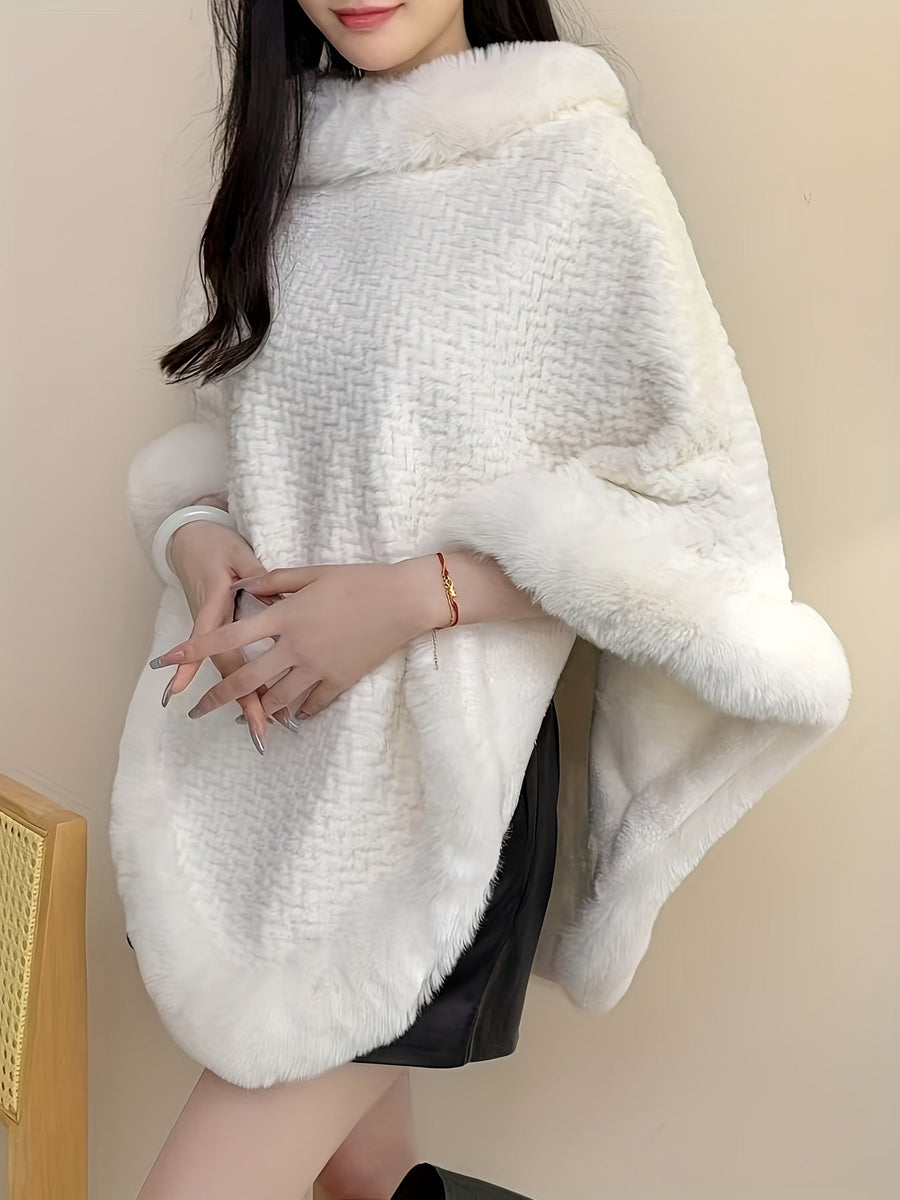 Damen Poncho Kuschelig Weich mit Kunstpelzbesatz Rollkragen