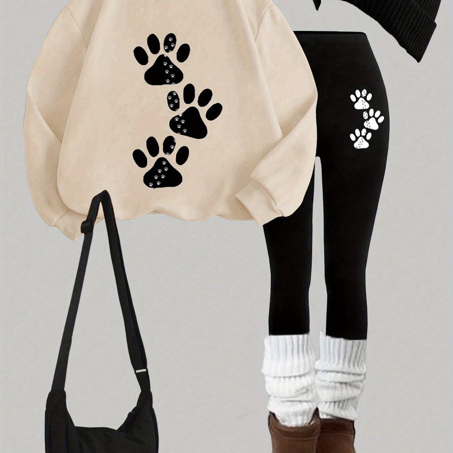 Damen Sweatshirt und Leggings Set mit Pfotenabdruck Print