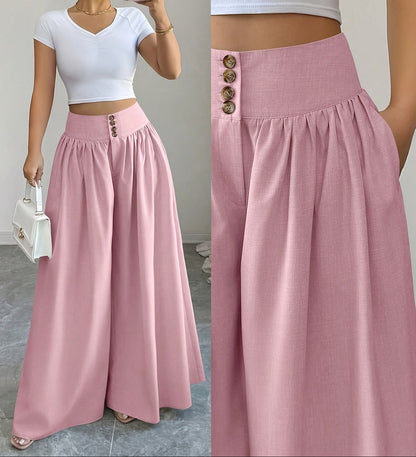 Damen Weite Palazzo-Hose mit High Waist und Knopfdetails – Elegante Freizeit- und Ausgeh-Hose