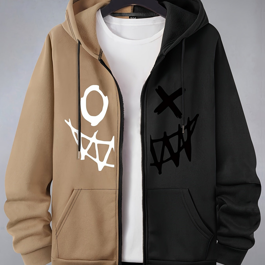 Unisex Kapuzenjacke mit Reißverschluss, Zweifarbig und Grafikmuster, Sportlicher Hoodie