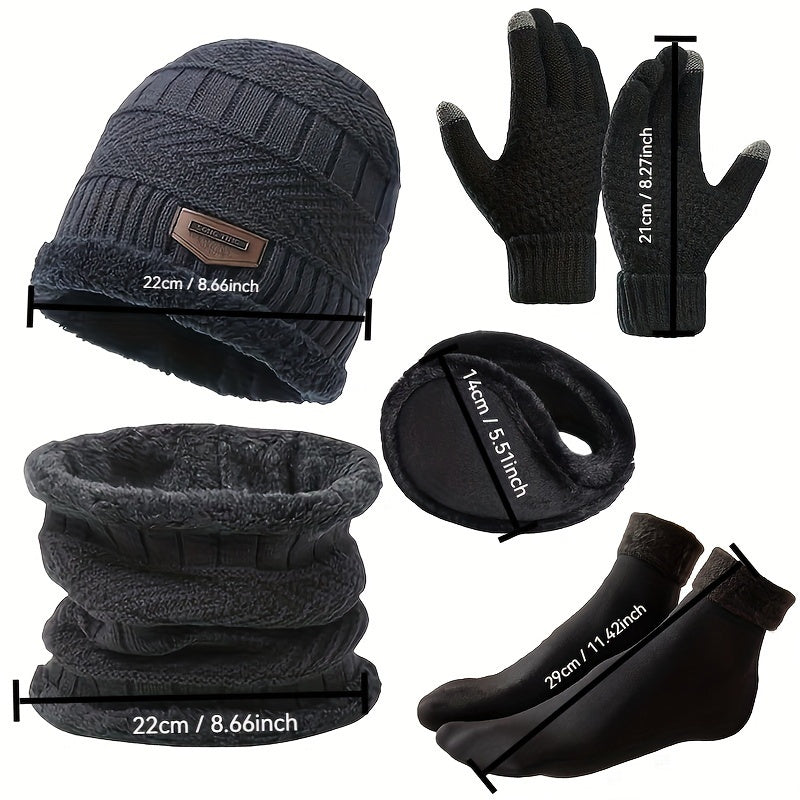 Winterset met muts, sjaal, handschoenen, oorwarmers en gebreide, gevoerde sokken, donkerblauw