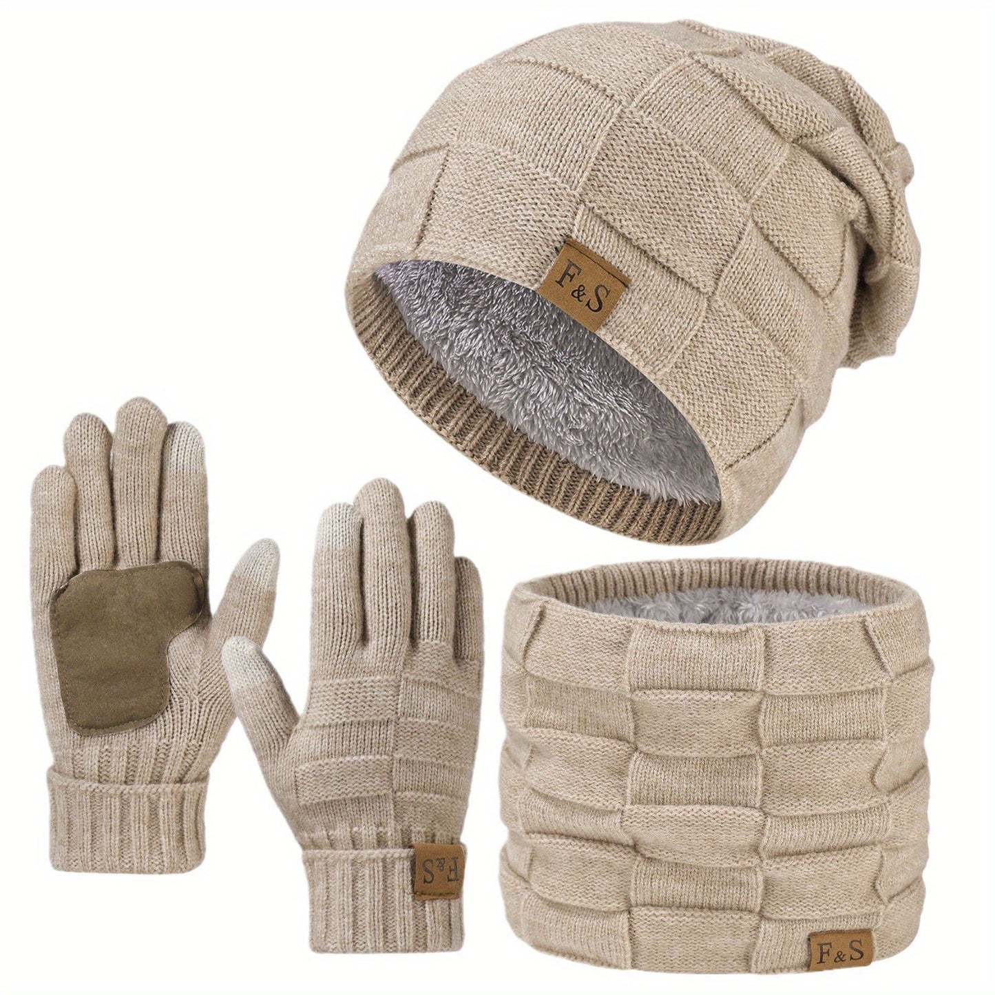 Unisex mutsenset met gebreide muts, sjaal en gevoerde winterhandschoenen, beige