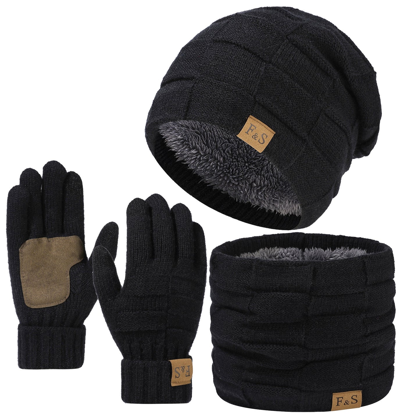 Unisex mutsenset met gebreide muts, sjaal en gevoerde winterhandschoenen, beige