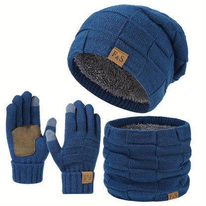 Unisex mutsenset met gebreide muts, sjaal en gevoerde winterhandschoenen, beige