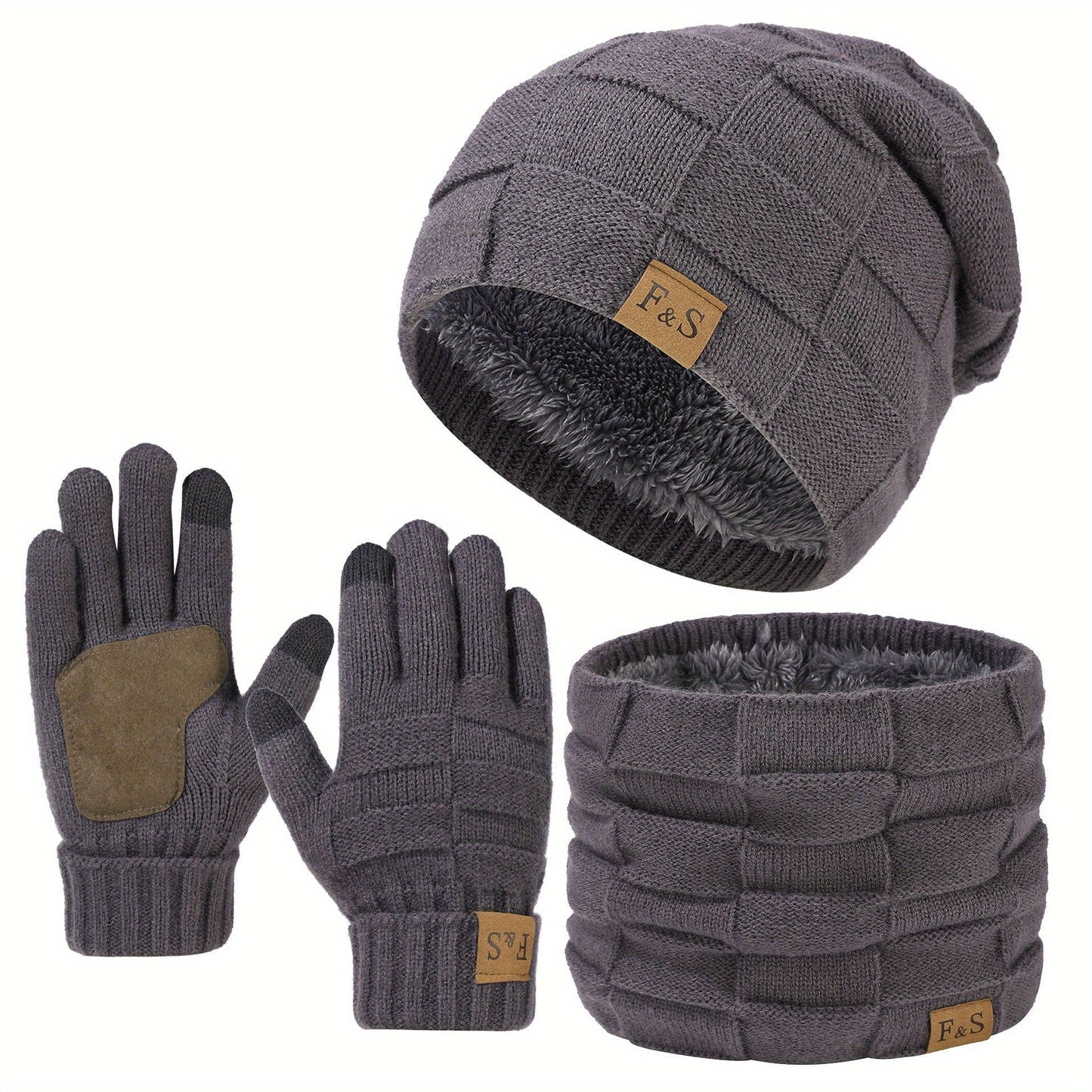 Unisex mutsenset met gebreide muts, sjaal en gevoerde winterhandschoenen, beige