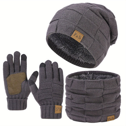 Unisex mutsenset met gebreide muts, sjaal en gevoerde winterhandschoenen, beige