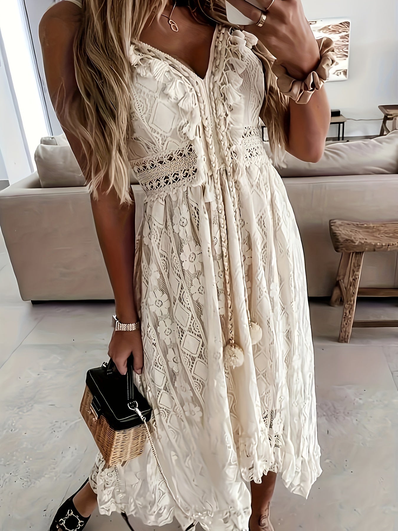 Damen Boho Maxikleid mit Spitze und V-Ausschnitt – Elegantes Sommerkleid für Feste und Strand