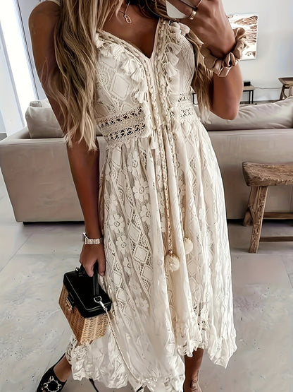 Damen Boho Maxikleid mit Spitze und V-Ausschnitt – Elegantes Sommerkleid für Feste und Strand