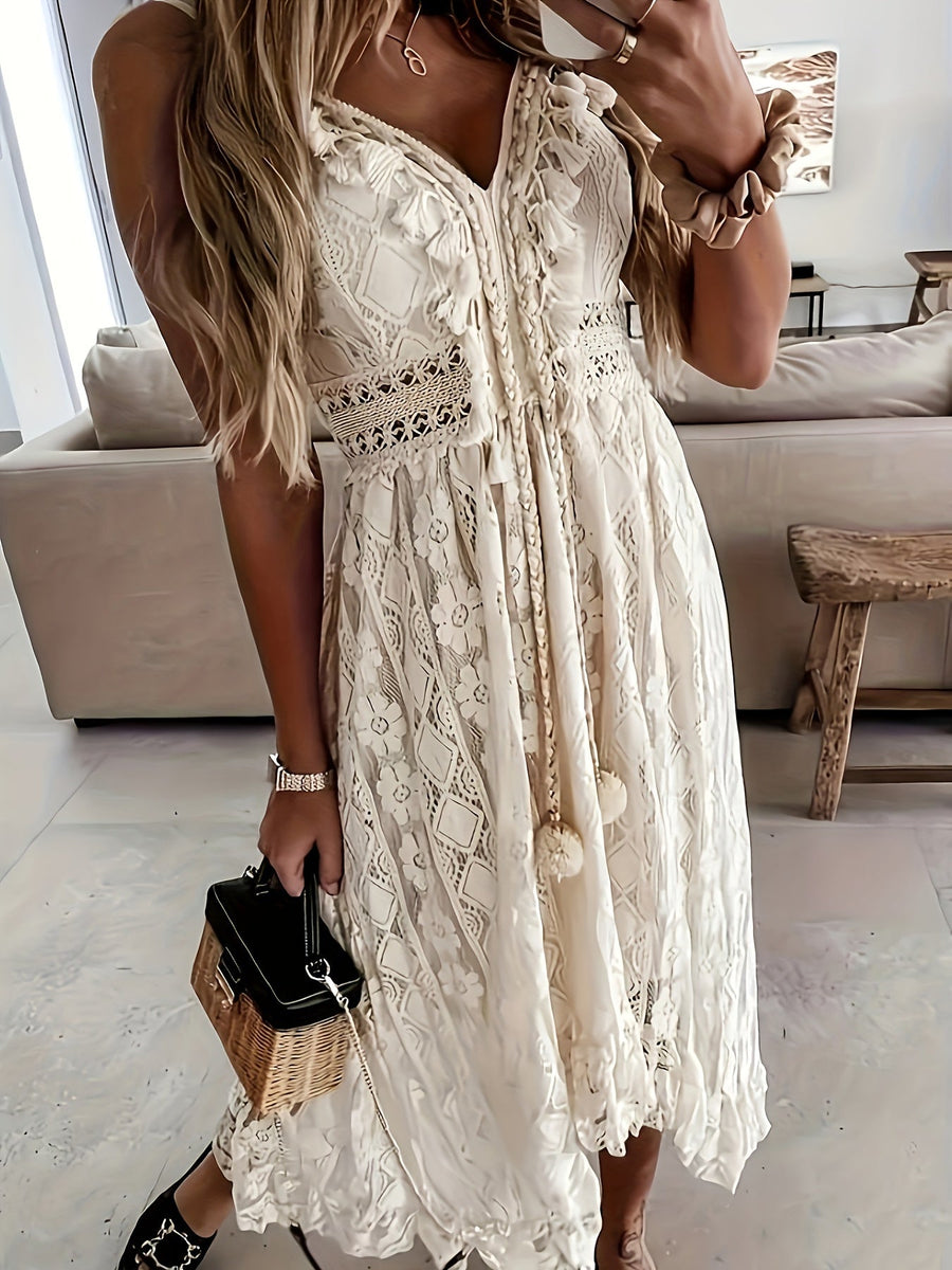 Damen Boho Maxikleid mit Spitze und V-Ausschnitt – Elegantes Sommerkleid für Feste und Strand
