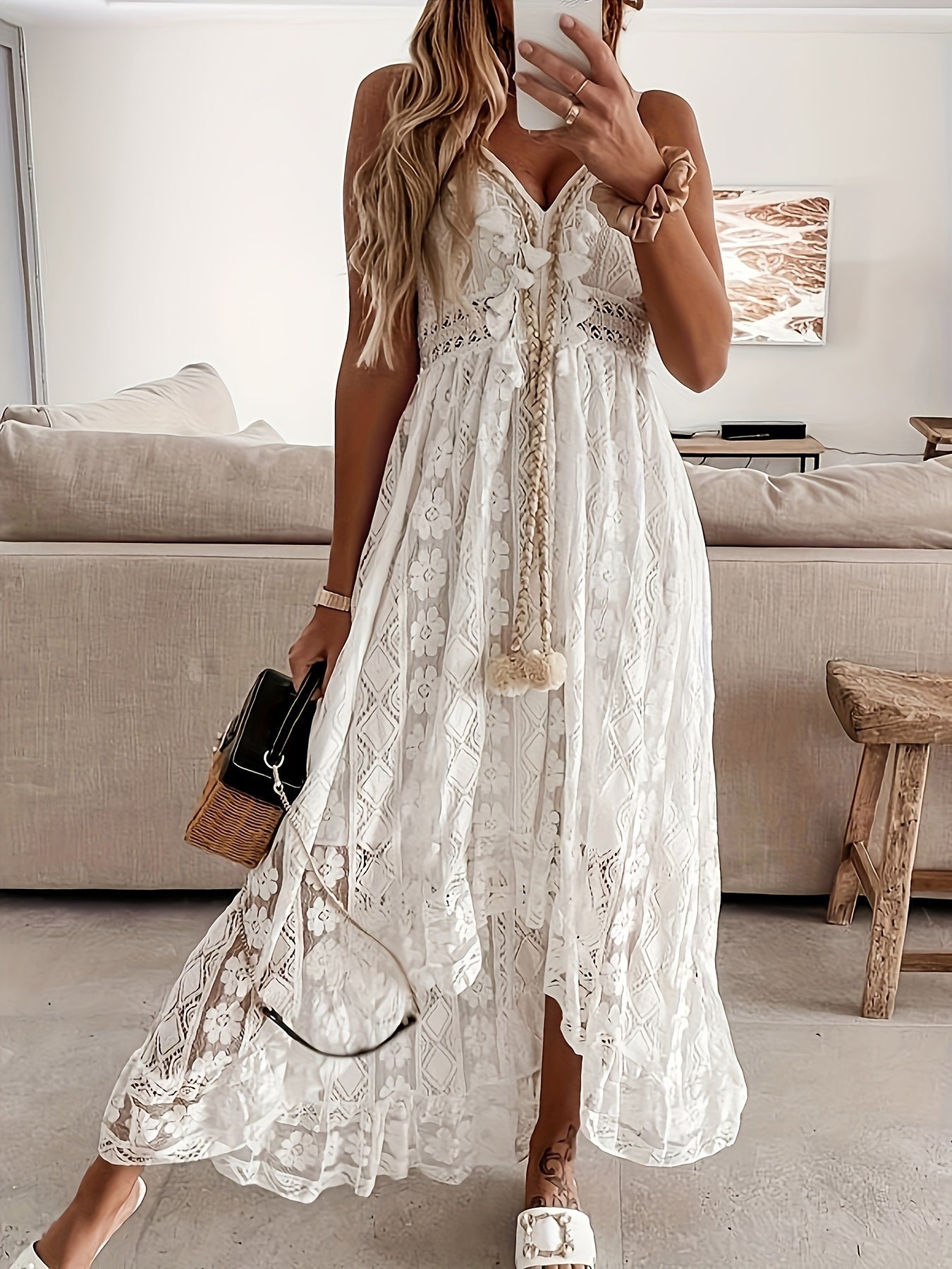 Damen Boho Maxikleid mit Spitze und V-Ausschnitt – Elegantes Sommerkleid für Feste und Strand