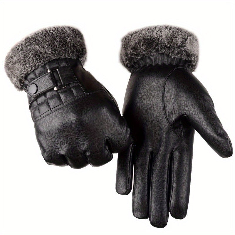 Unisex Handschuhe Schwarz mit Kunstpelz Futter und Schnallendetail