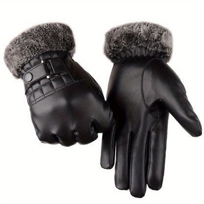 Unisex Handschuhe Schwarz mit Kunstpelz Futter und Schnallendetail