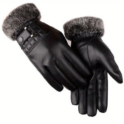 Unisex Handschuhe Schwarz mit Kunstpelz Futter und Schnallendetail