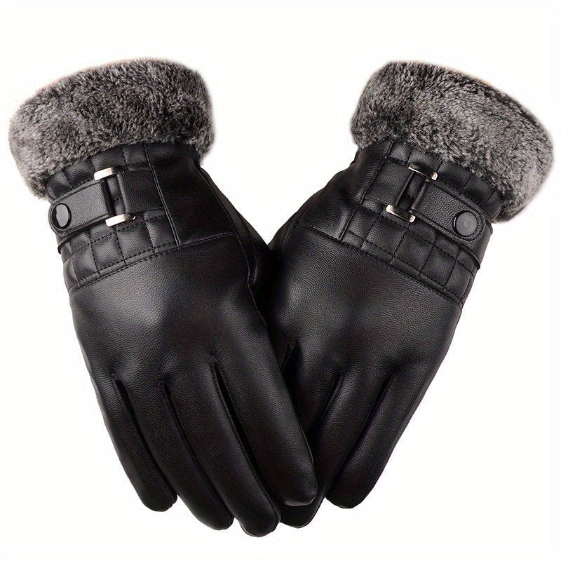 Unisex Handschuhe Schwarz mit Kunstpelz Futter und Schnallendetail