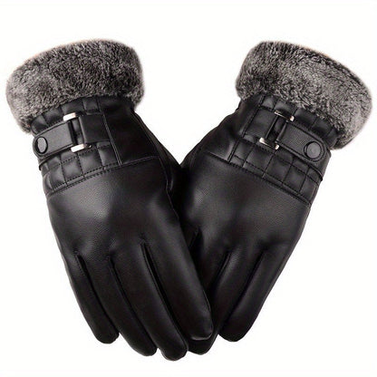 Unisex Handschuhe Schwarz mit Kunstpelz Futter und Schnallendetail