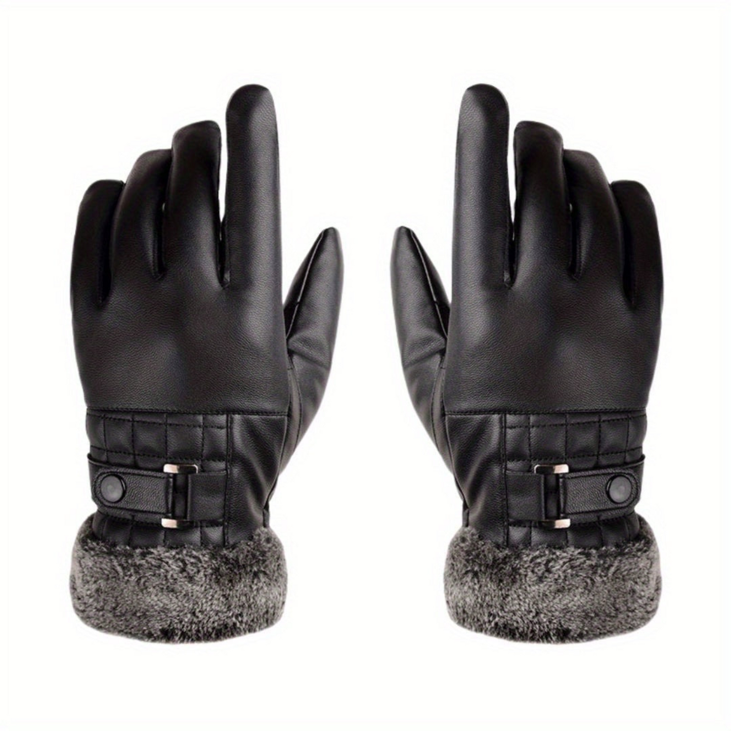 Unisex Handschuhe Schwarz mit Kunstpelz Futter und Schnallendetail