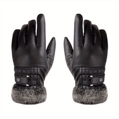 Unisex Handschuhe Schwarz mit Kunstpelz Futter und Schnallendetail