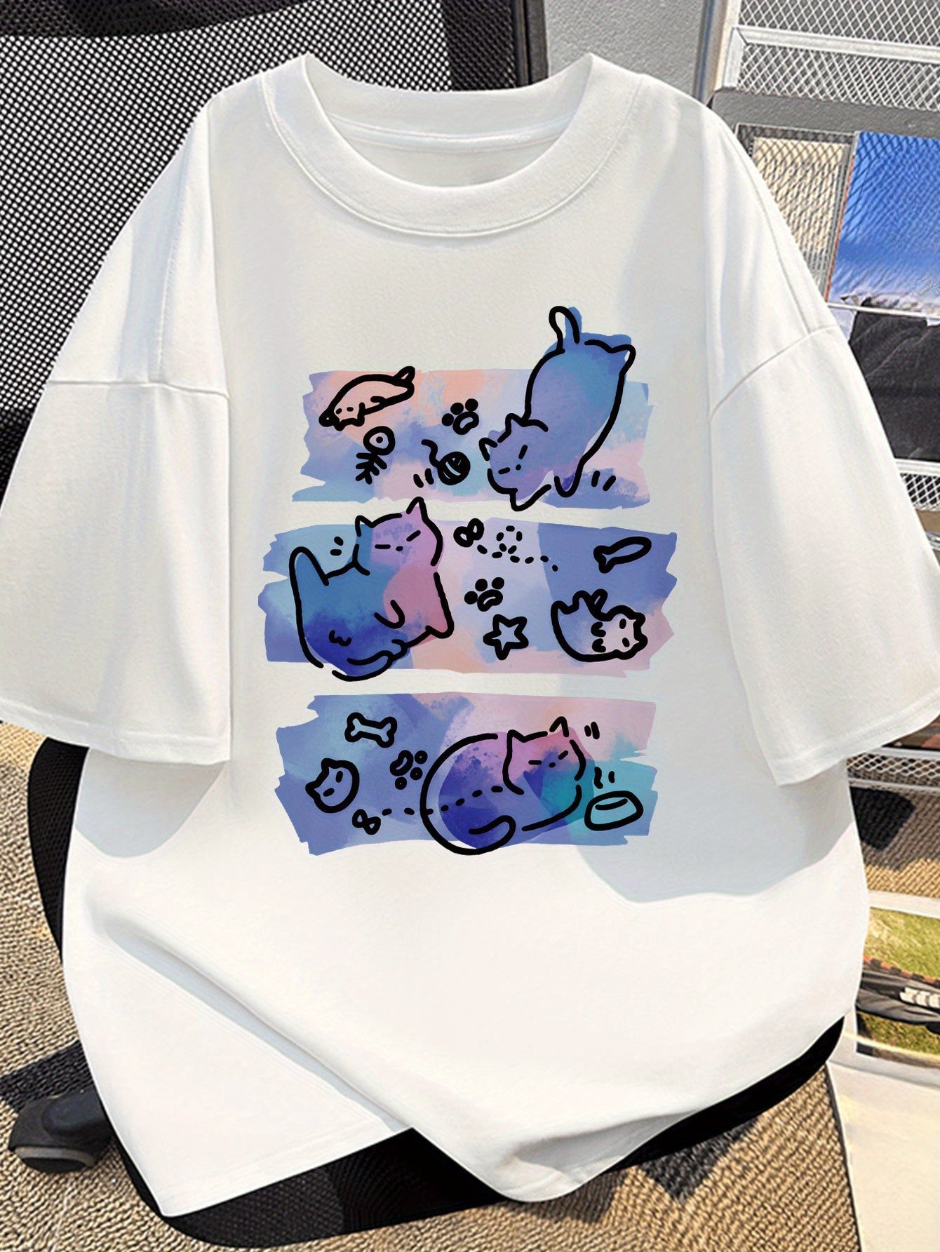 Damen Oversize T-Shirt mit künstlerischem Katzen-Print – Verspieltes Design für Katzenliebhaberinnen