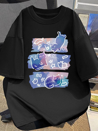 Damen Oversize T-Shirt mit künstlerischem Katzen-Print – Verspieltes Design für Katzenliebhaberinnen