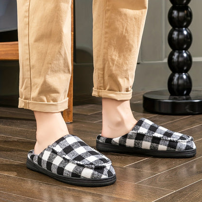 Unisex Hausschuhe Slipper Kariert Schwarz Weiß mit Plüschfutter