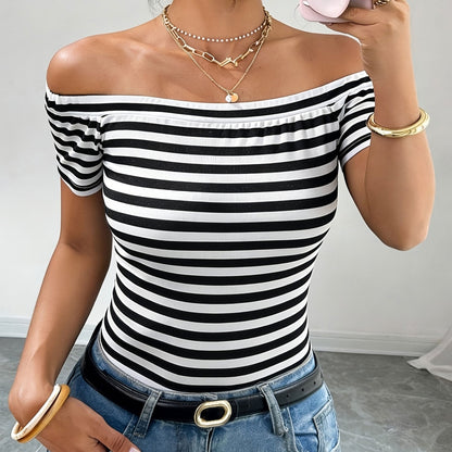 Damen Off-Shoulder Streifen-Shirt – Elegantes Bardot-Oberteil für Freizeit und Ausgehen