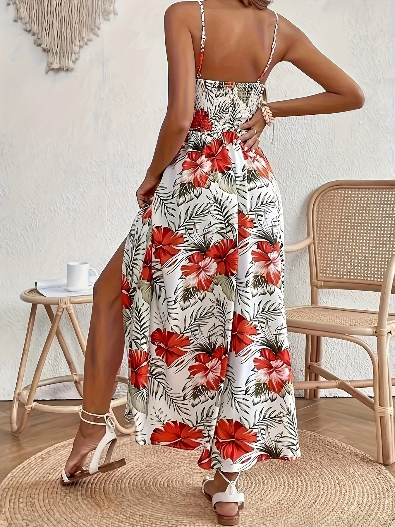 Damen Maxikleid mit tropischem Blumenmuster und Spitzendetail – Elegantes Sommerkleid für Urlaub & Freizeit