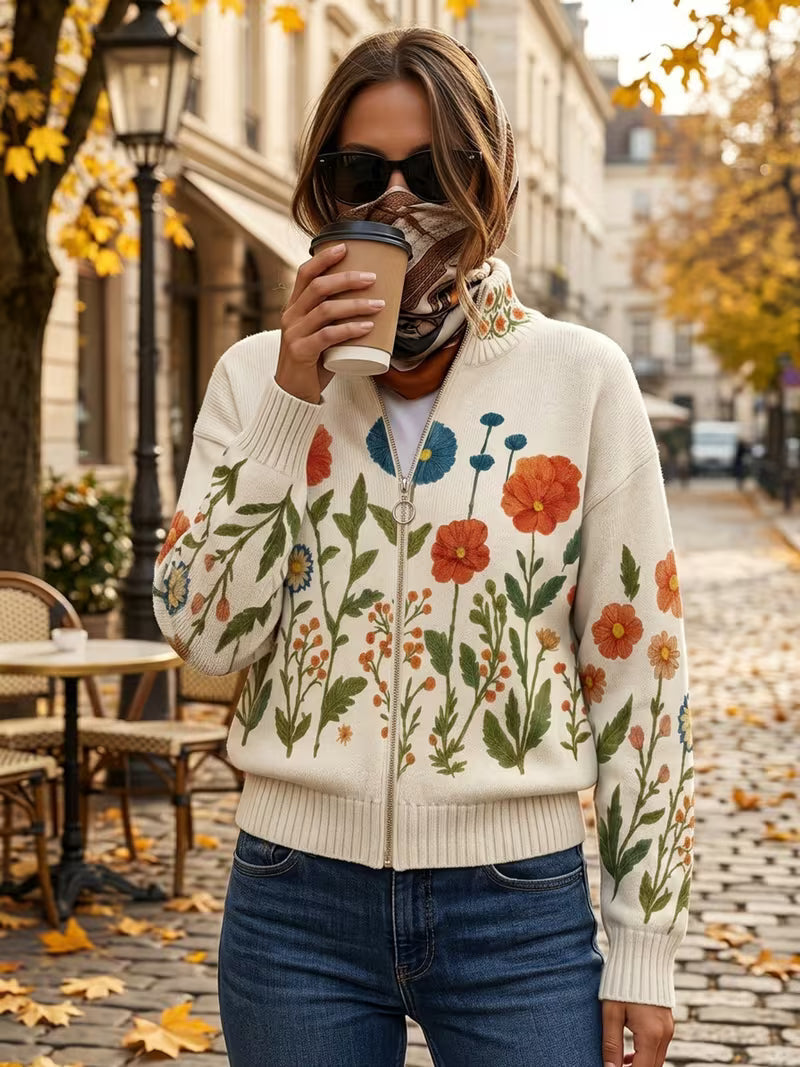 Damen Blumen Strickjacke Beige mit Reißverschluss und Stehkragen