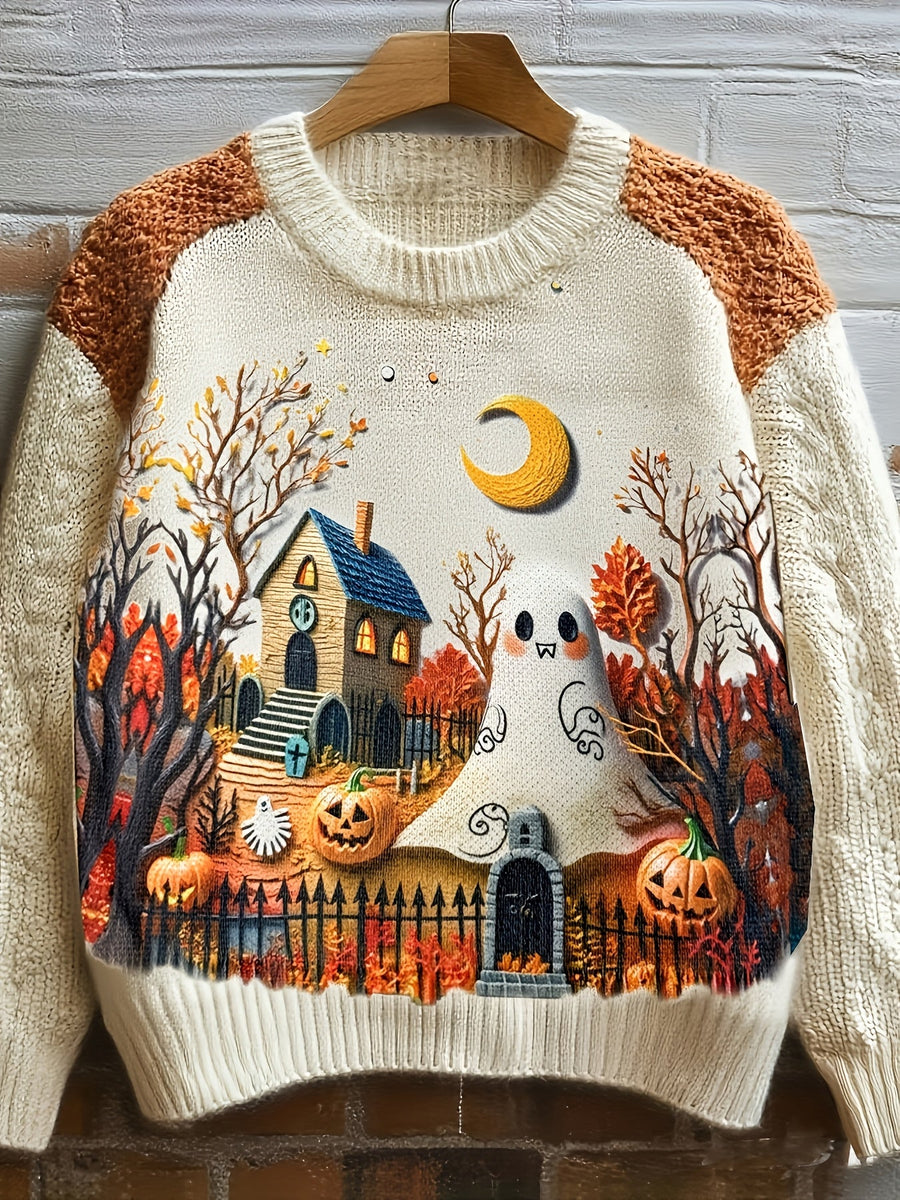 Creme-farbener Strickpullover mit Rundhalsausschnitt und Motiv