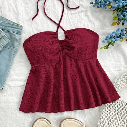 Damen Halter Babydoll Top mit Stickerei – Romantischer Vintage-Look für Freizeit & Urlaub
