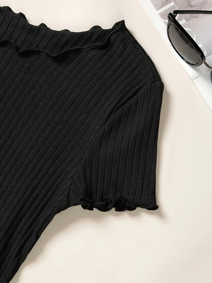 Damen Basic T-Shirt mit kurzen Ärmeln und Rippstruktur – Modisches Alltags-Oberteil mit Wellenkante
