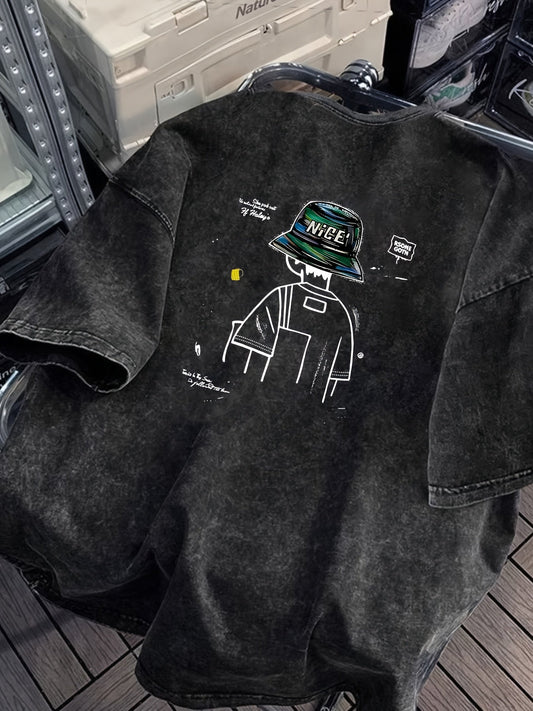 Herren Streetwear Oversize T-Shirt mit Grafik Bucket Hat Print – Urban Art Style