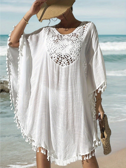Damen Strand Kaftan Poncho mit Häkel-Details und Quasten – Perfekte Strandmode Cover-Up