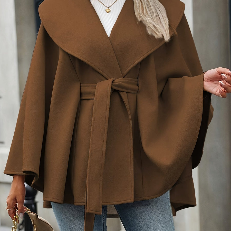 Damen Cape Mantel mit Bindegürtel, Wickelkragen und weitem Schnitt
