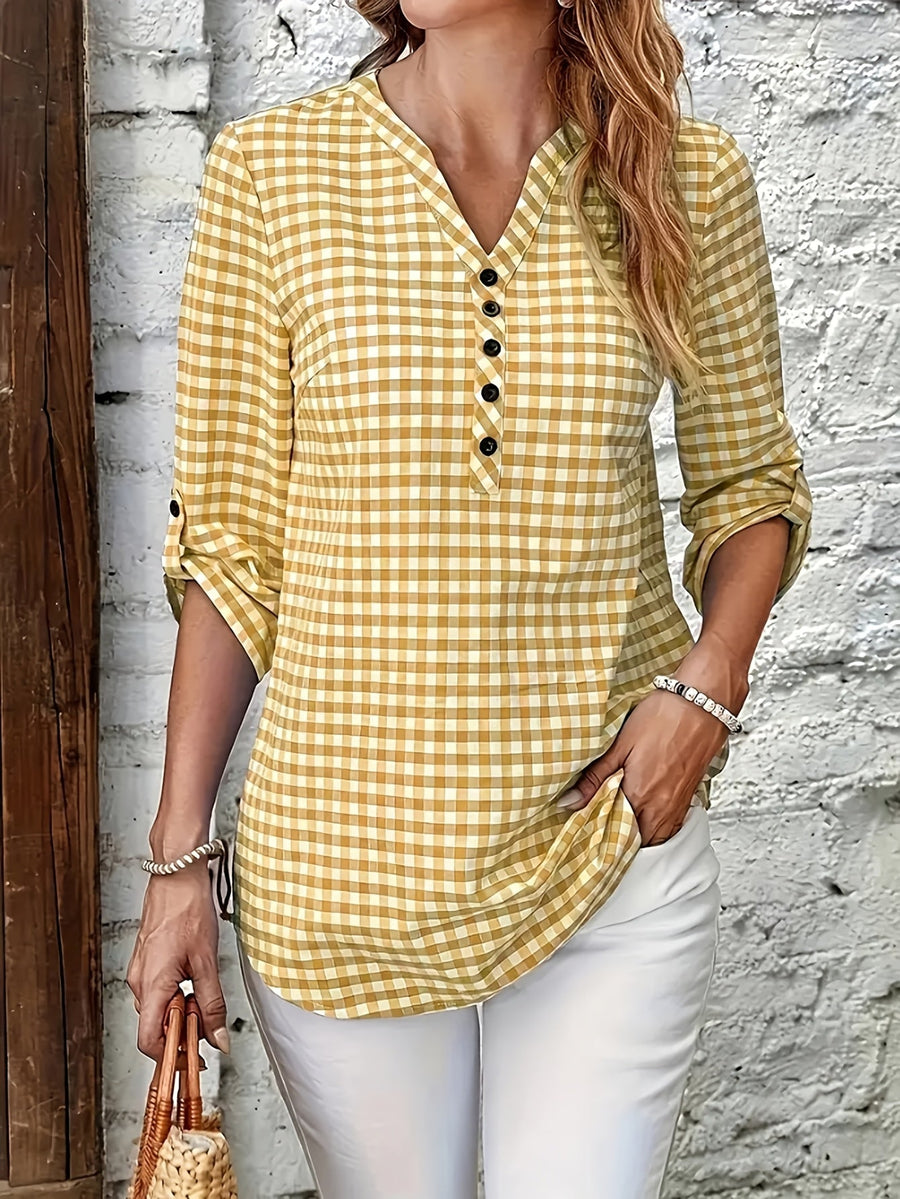 Damen Casual Karo Bluse mit Knopfleiste und 3/4-Ärmeln – Perfekt für Alltag & Freizeit