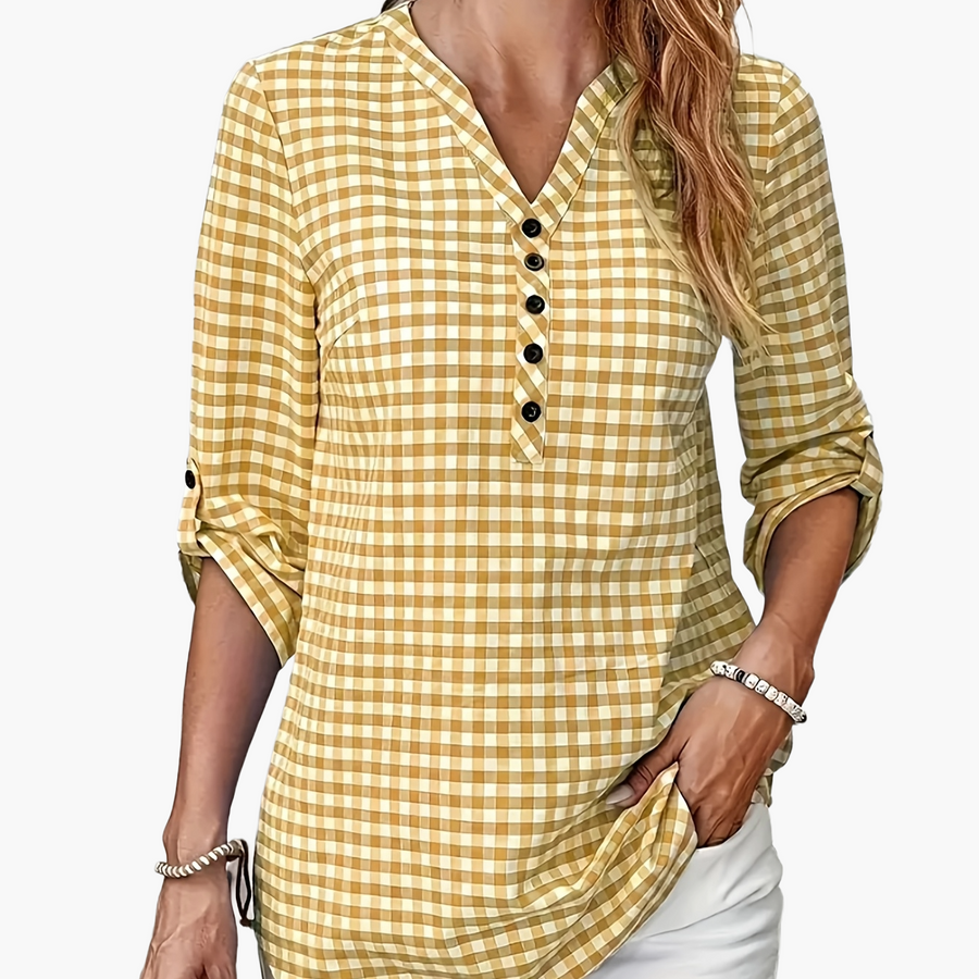 Damen Casual Karo Bluse mit Knopfleiste und 3/4-Ärmeln – Perfekt für Alltag & Freizeit