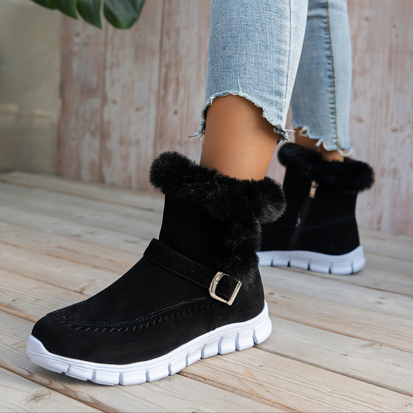 Damen Winterstiefeletten mit Kunstfellbesatz, flache Sohle, Schnallendetail
