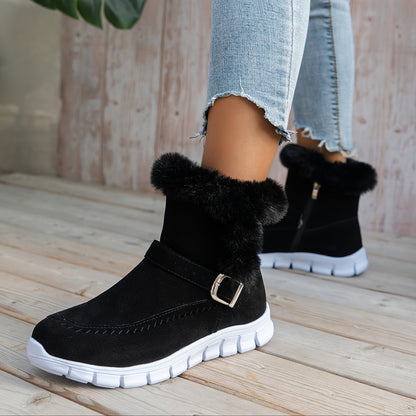 Damen Winterstiefeletten mit Kunstfellbesatz, flache Sohle, Schnallendetail