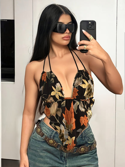 Damen Body mit tiefem Ausschnitt und Blumenmuster – Stylischer Einteiler für Freizeit und Ausgehen