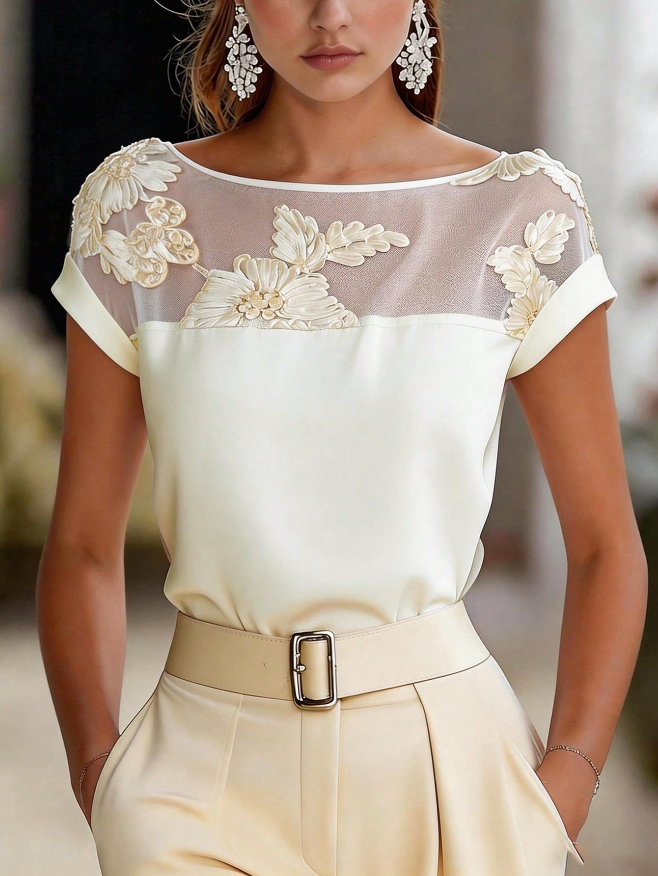 Damen Bluse Elegant mit Blumenstickerei und Illusionsausschnitt – Festlich & Büro