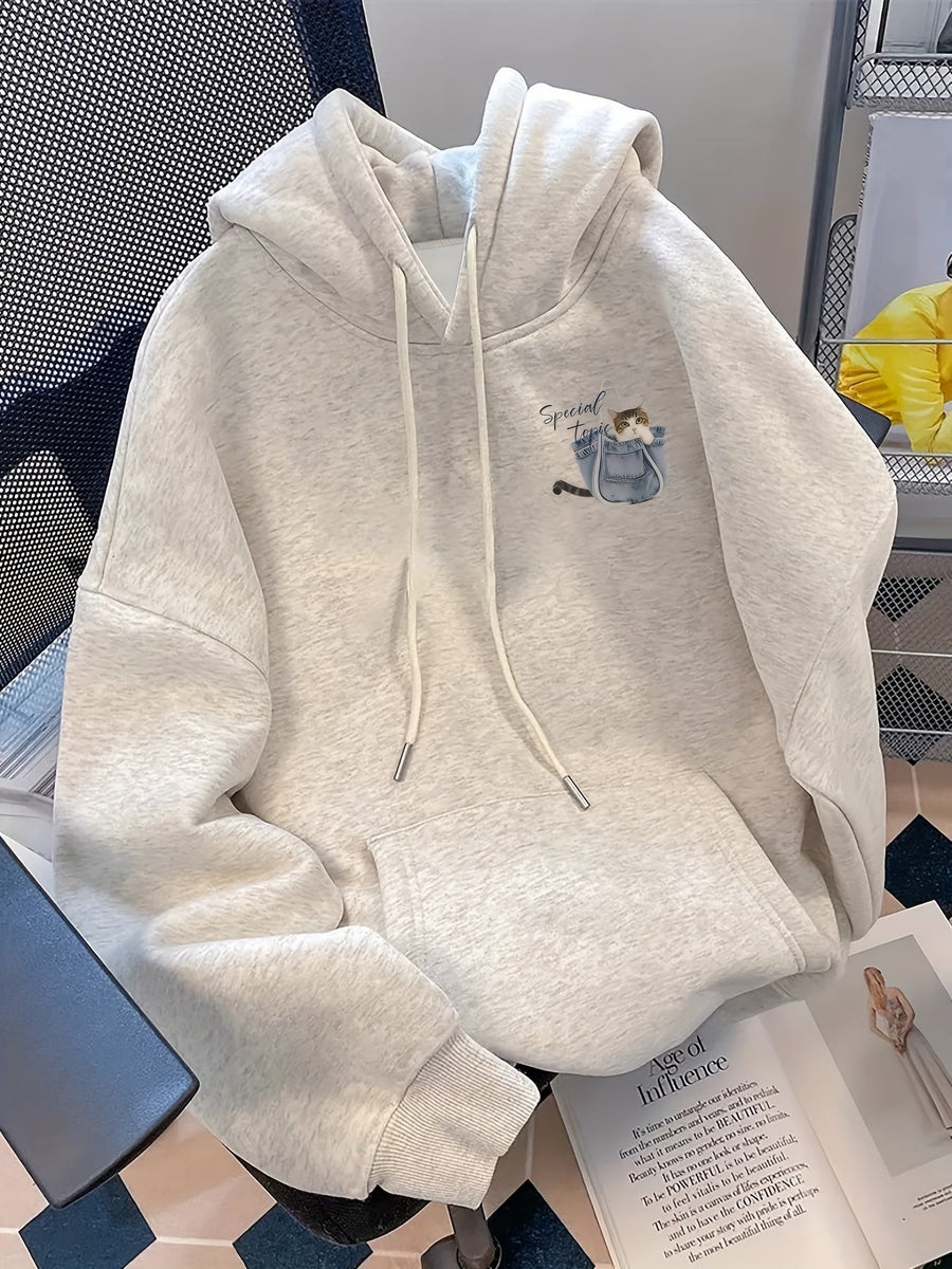Kapuzenpullover Hellgrau mit Katze und Taschendruck