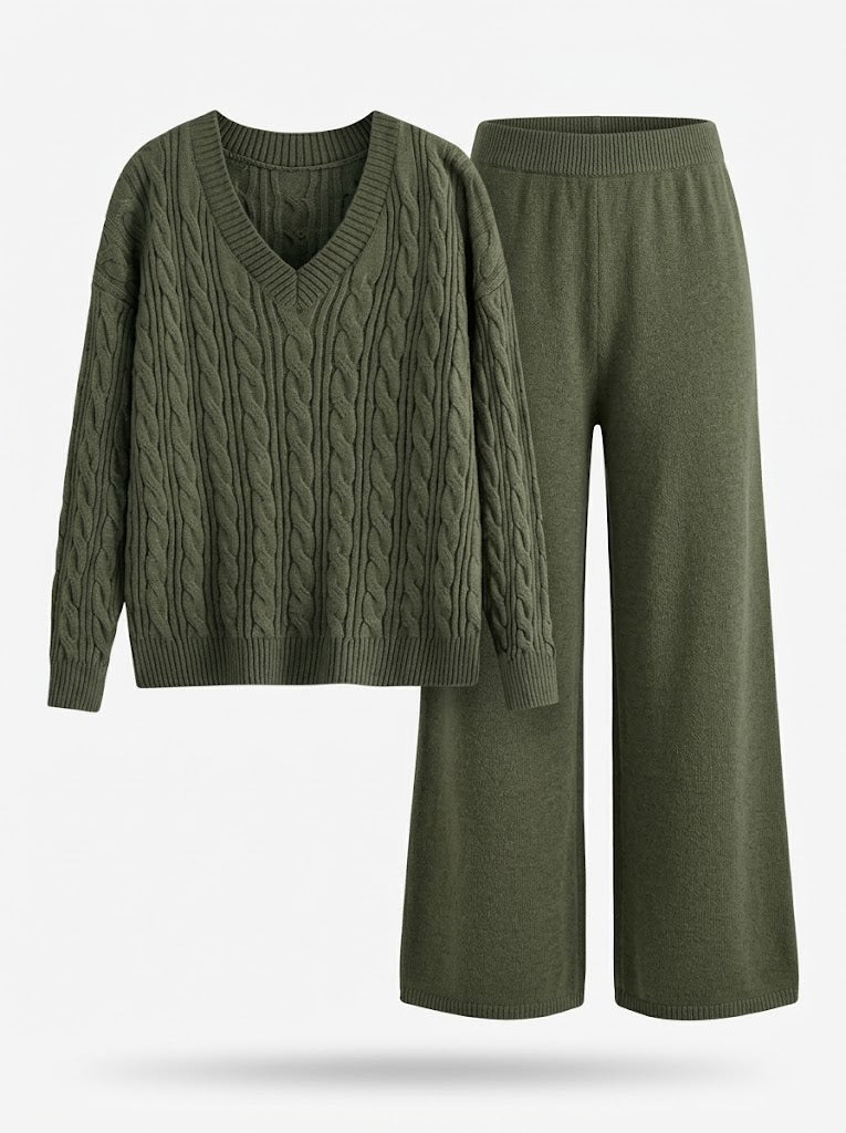 Damen Strick Loungewear Set mit Zopfmuster Pullover & weiter Hose