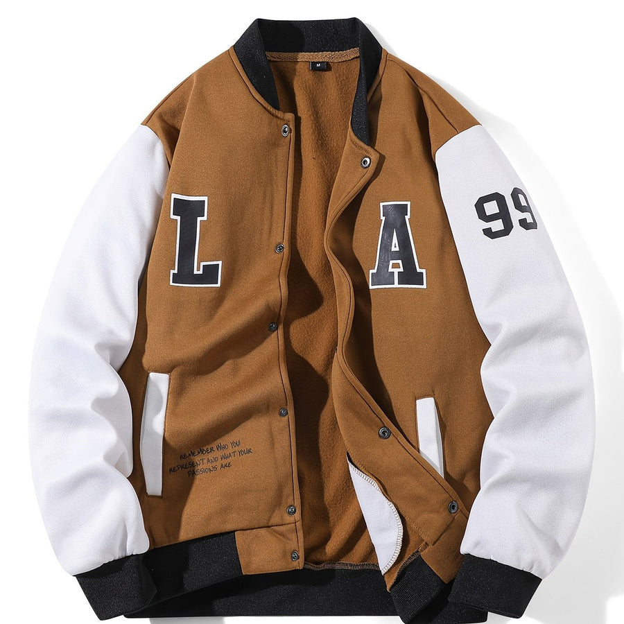 College Jacke Unisex mit Kontrastärmeln Druckknopfverschluss und Schriftzug