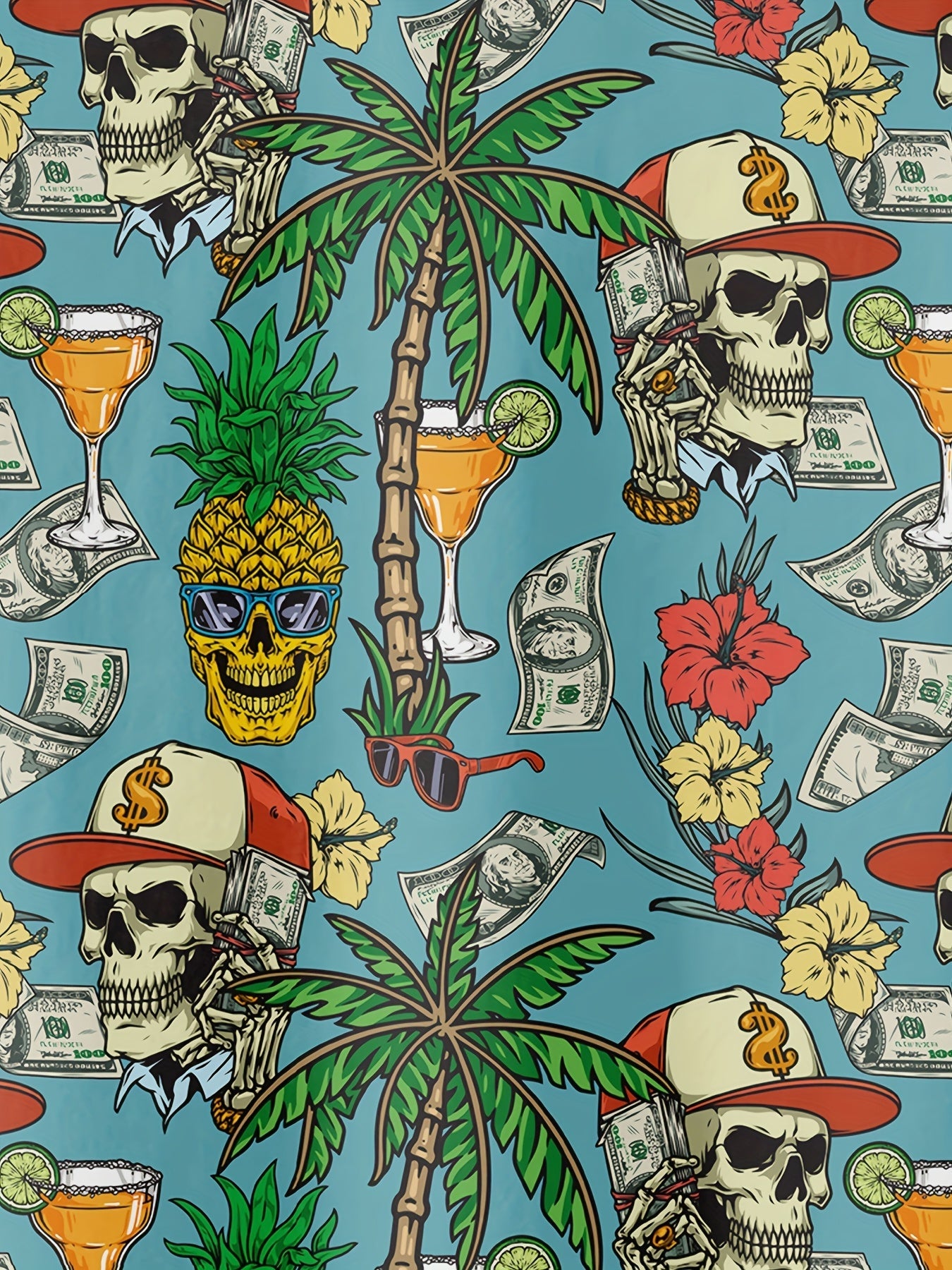 Herren Hawaiian Hemd mit Totenkopf und Sommermuster – Kurzarm, Party & Freizeit