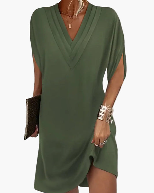 Damen Sommerkleid Elegant V-Ausschnitt Freizeitkleid mit Schlitzärmeln – Perfekt für Alltag & Events