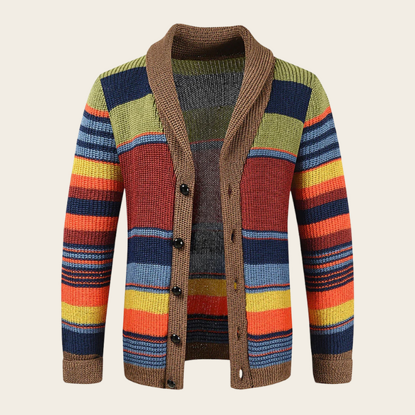 Gestrickter Herren Cardigan mit Schalkragen und Knopfleiste, Querstreifen Muster