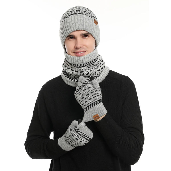 Unisex winterset: gebreide muts, nekwarmer en handschoenen met patroon in lichtgrijs