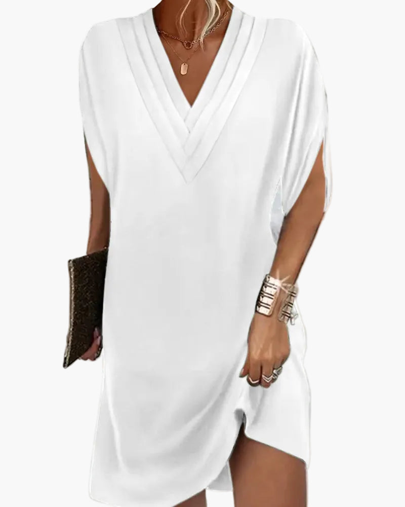 Damen Elegant Kleid mit V-Ausschnitt und Schlitzärmeln – Stilvoll für Alltag und Abend