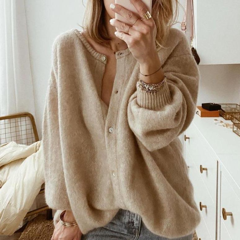 Beige Strickjacke Damen Oversize Cardigan mit Knöpfen V-Ausschnitt