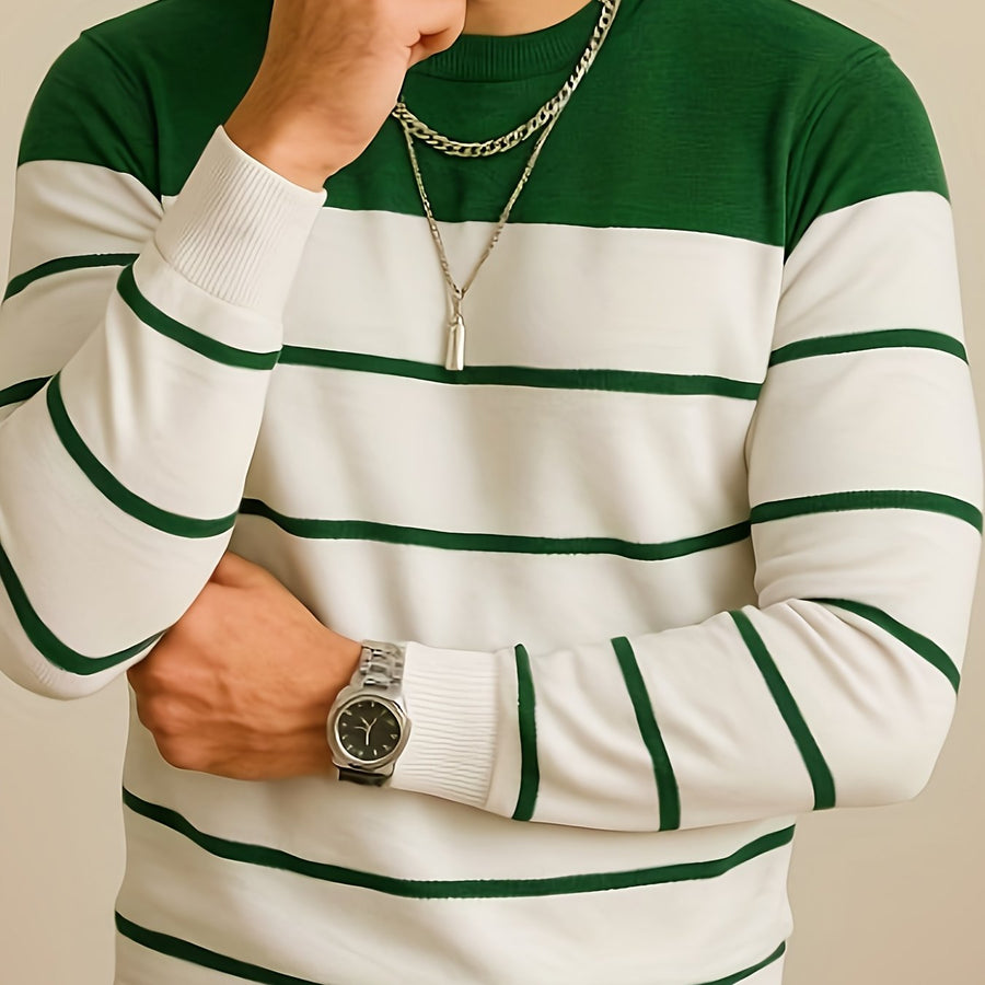 Herren Rundhals-Pullover Gestreift – Langarm, Farbblock-Design