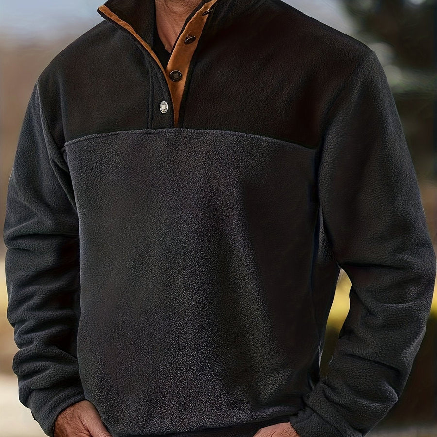 Herren Fleece Pullover mit Stehkragen und Knopfleiste - Zweifarbig